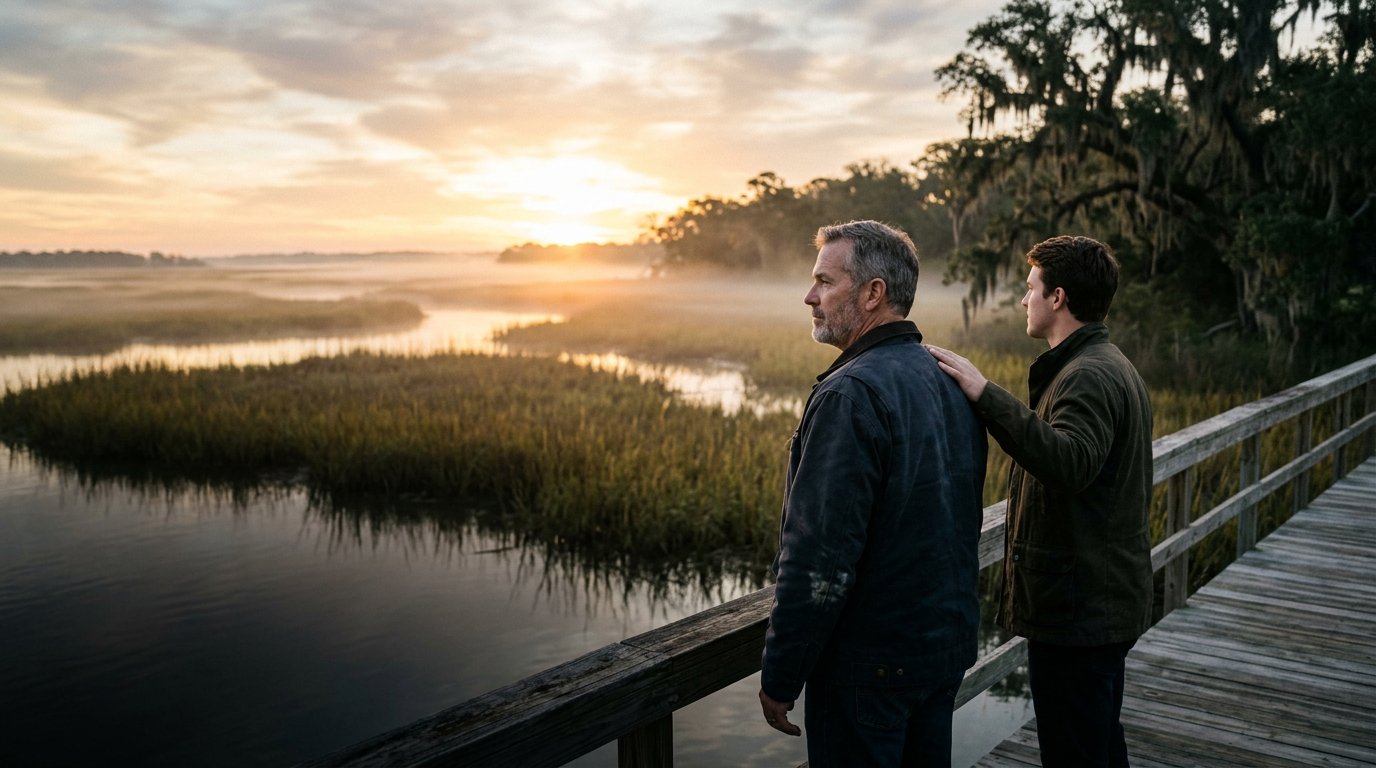 An older man rests his hand on a younger man's shoulder on a marsh boardwalk at sunrise